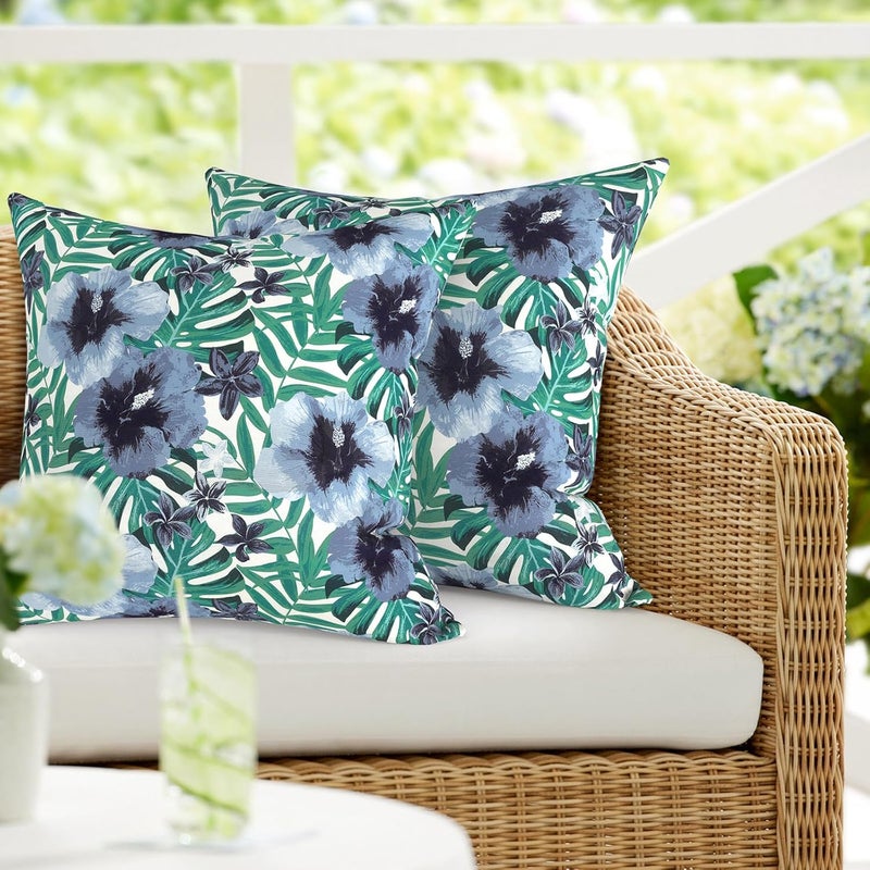 DYTXIII Pack of 2 Waterproof Outdoor Pillow with Inserts, 18x18 Square Patio Decorative Throw Pillow for Home,Sofa,Bench and Patio Furniture,Blue Salmone Tropical - Image 1